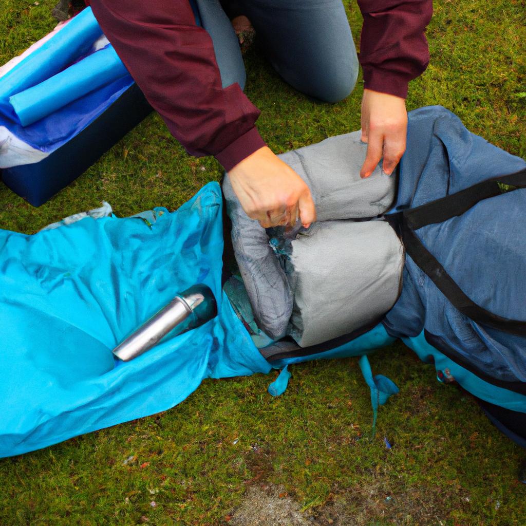 Person packing camping gear outdoors