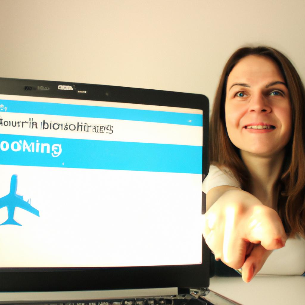 Person booking flight online, smiling