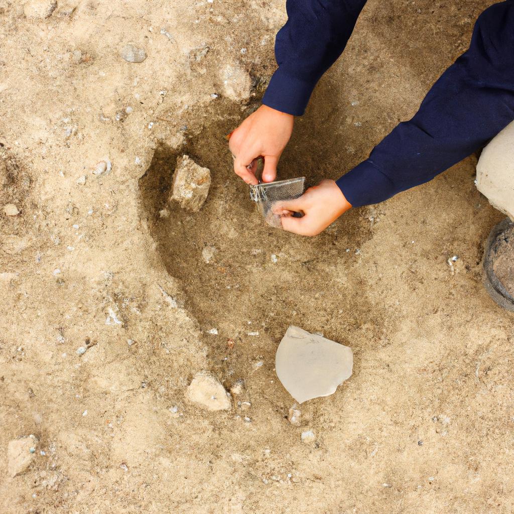 Person excavating archaeological site, analyzing artifacts