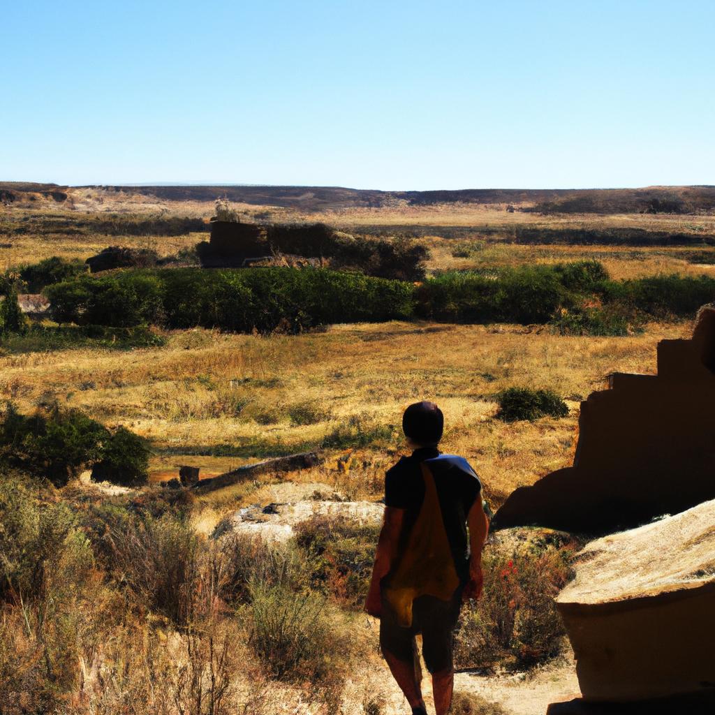 Person exploring Chaco Canyon's landscape