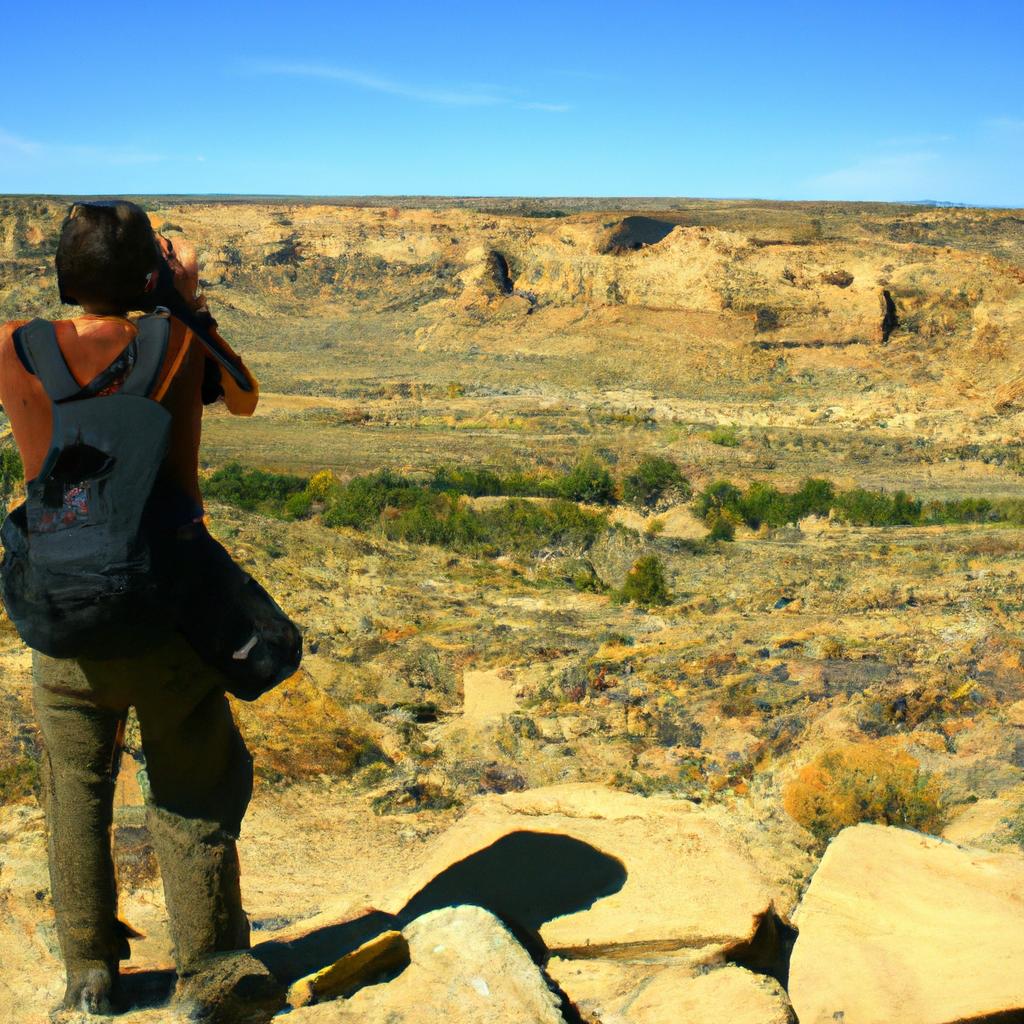 Person photographing Chaco Canyon landscape