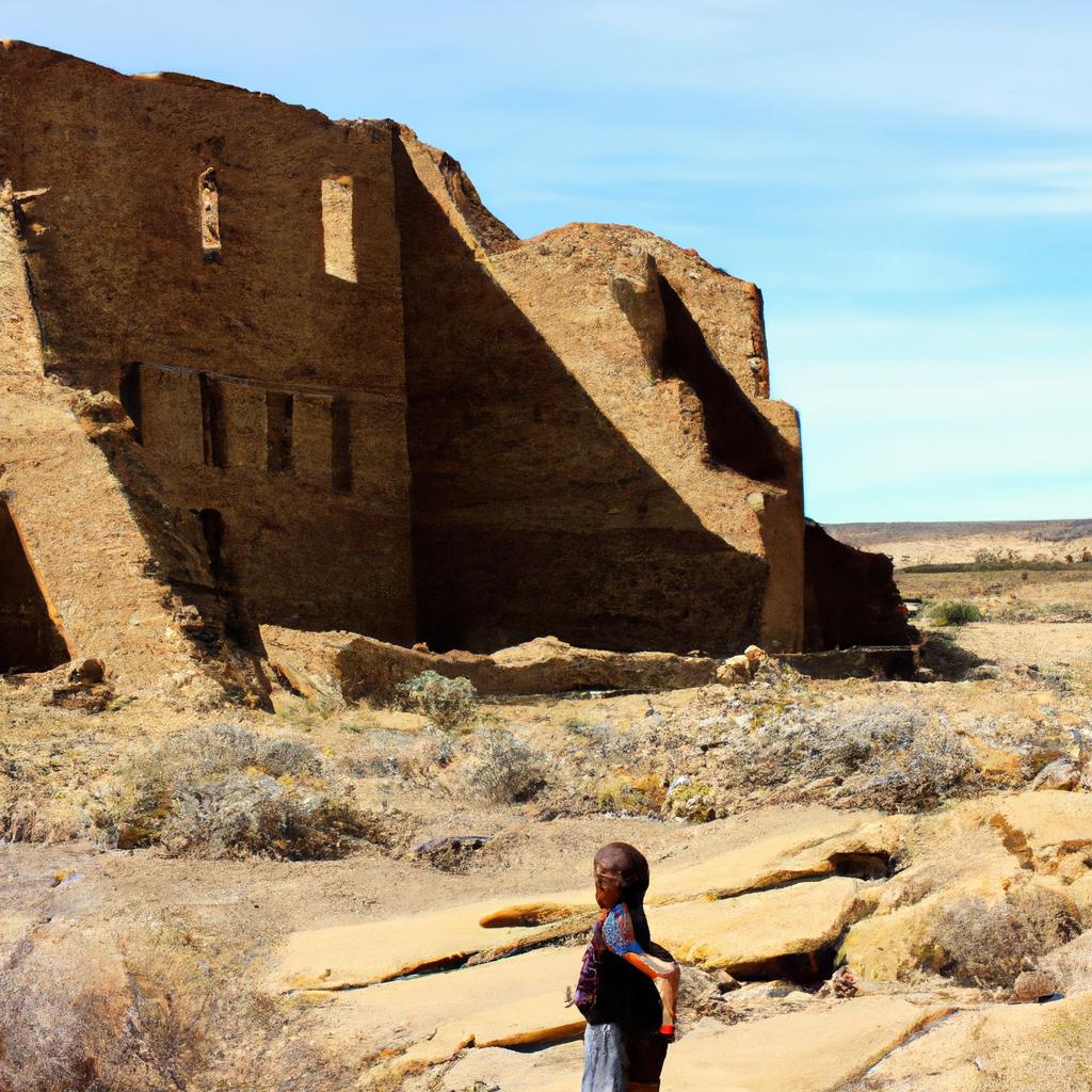 Person exploring ancient ruins, Chaco Canyon