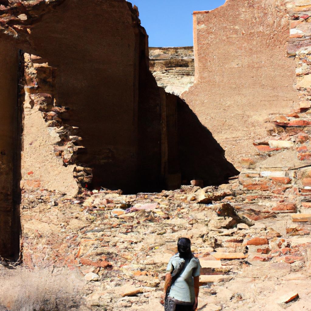 Person exploring ancient ruins, Chaco Canyon